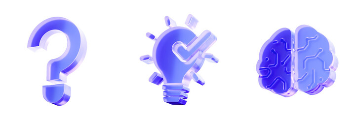 Set 3D Glass question mark, lightbulb, and brain icon isolated on transparent background, symbols for problem solving, innovation, and creative thinking. Liquid Glass design icon. 3D rendering © StockStyle
