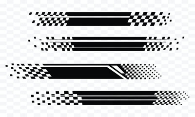 Four black and white racing stripe designs with checkered flag elements and abstract geometric shapes