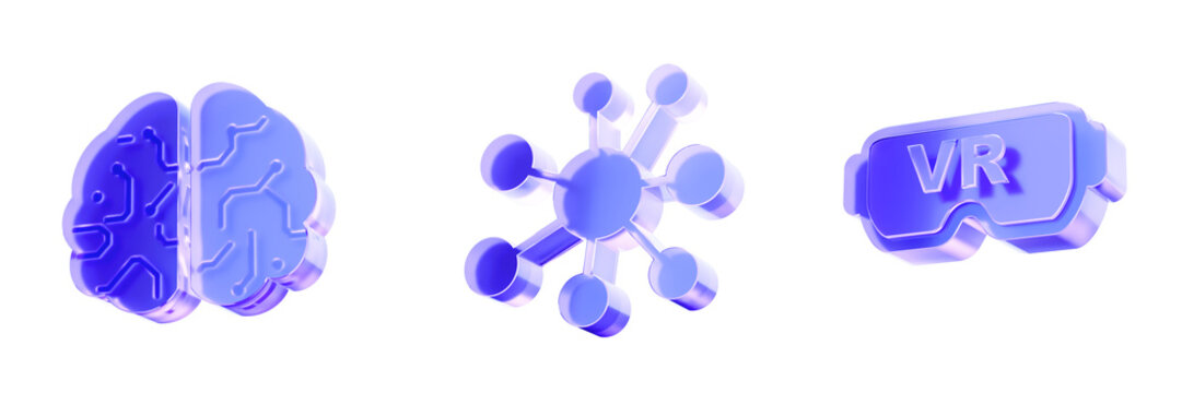 Set 3D Glass brain, network, and VR headset icon isolated on transparent background, concepts for artificial intelligence, virtual reality, and digital connectivity. Liquid Glass design icon. 3D rende