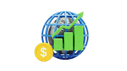 Global Finance Growth: Rising Bar Chart with Globe and Coin