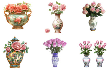 Classic flower vases with roses transparent background