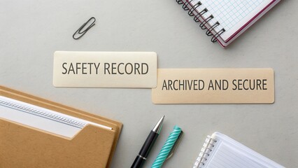 Organized office workspace with safety record labels, notebooks, and stationery supplies for effective documentation practices