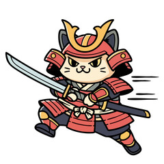 Feline Samurai in Action: An illustrated cat embodies the spirit of a samurai, wielding a gleaming sword and dressed in traditional armor, ready to defend and conquer.