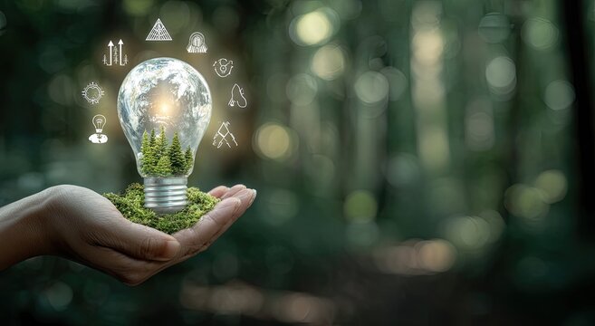 Hand holding a lightbulb containing a forest and earth, surrounded by environmental icons - Powered by Adobe
