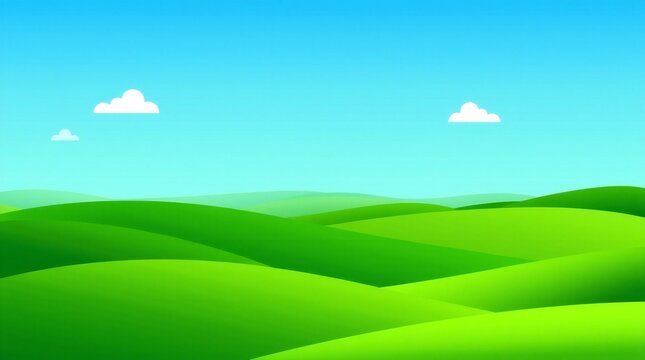 Vibrant green rolling hills under a clear blue sky with fluffy white clouds