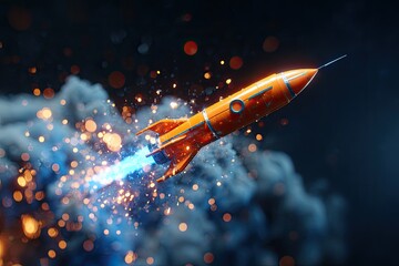 A vintage-style orange rocket blasts off through smoke and sparks