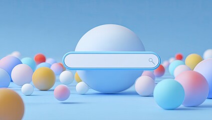 Abstract pastel spheres surround an empty search bar on blue