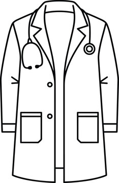 A clean black and white line art illustration of a professional medical lab coat with a stethoscope for doctors and healthcare workers