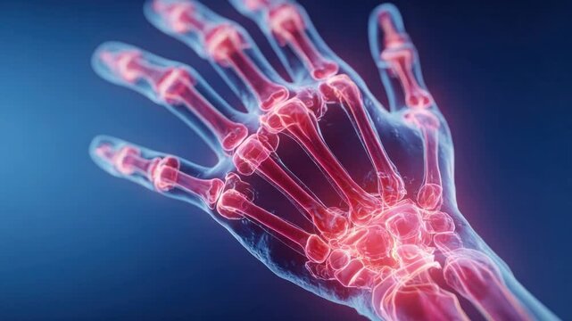 Radiant Bone Structure: A detailed illustration of the hand's skeletal system, showcasing the intricate arrangement of bones under a red glow, offering a glimpse into the human anatomy.