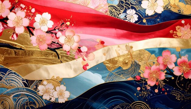 Abstract Kimono Fabric Silk Texture with Spring Floral Collage