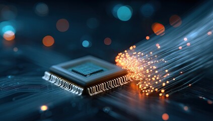 Futuristic glowing fiber optics connect to a complex microchip, digital data flow