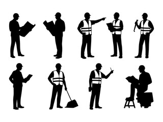 Silhouettes of construction workers in safety gear—reading plans, sweeping, drilling, pointing—evoking themes of fire prevention, workplace hazards, and health awareness for industrial safety campaign