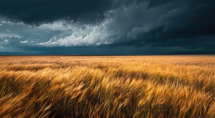 Obraz premium Golden wheat field sways under dark, ominous storm clouds