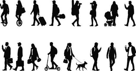 Black silhouette set of diverse people walking, traveling with luggage, riding unicycles, scooters, walking dogs, and using smartphones on white. © Mdjoshel 