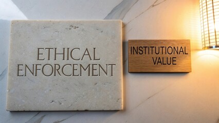 Obraz premium Signage for Ethical Enforcement and Institutional Value in Modern Office Environment Symbolizing Corporate Responsibility