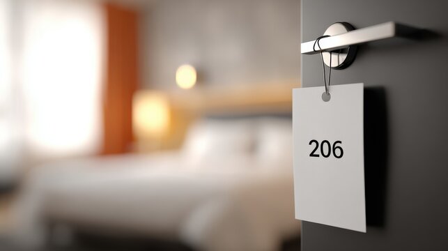Modern hotel room door with bright numbered card hanging 206