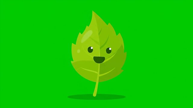 Cute happy green leaf with smiling face on green background.
