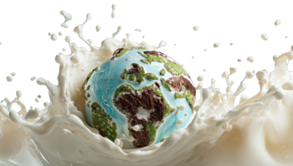 Earth splashing into a wave of creamy white liquid against a dark background