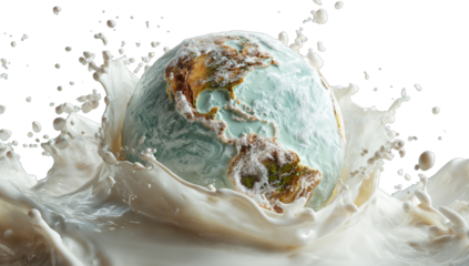 Planet Earth emerges from a splash of liquid, creating a white, frothy wave