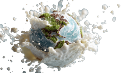 Miniature planet earth exploding in a splash of white liquid
