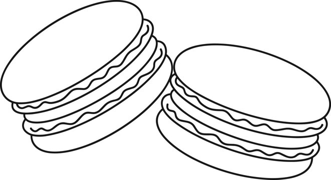 A simple black and white line art illustration of two delicate French macarons with creamy filling for bakery menu and sweet dessert concepts