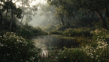 Misty morning sunlight filters through lush forest, illuminating a tranquil pond and wild flowers
