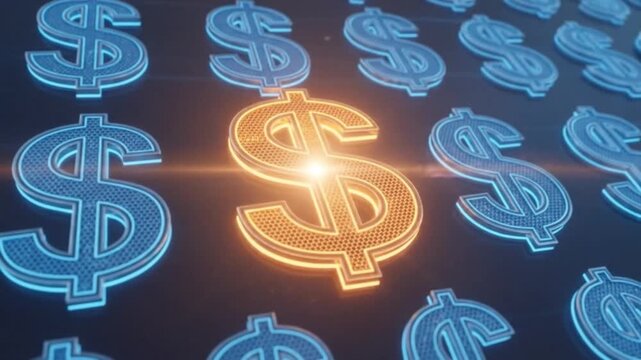 Bright Golden Dollar Sign Shining Amidst Blue Currency Symbols, Symbolizing Financial Success, Wealth, Investment, and Opportunity on a Dark Backgr...