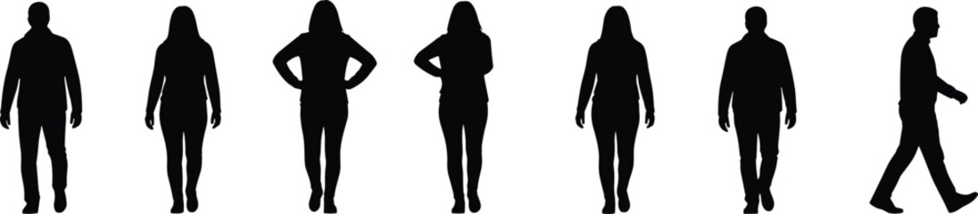 Diverse People Silhouette Vector Set, Walking and Standing Figures, Full Body Male Female, Adult Crowd, Casual Human Body Collection