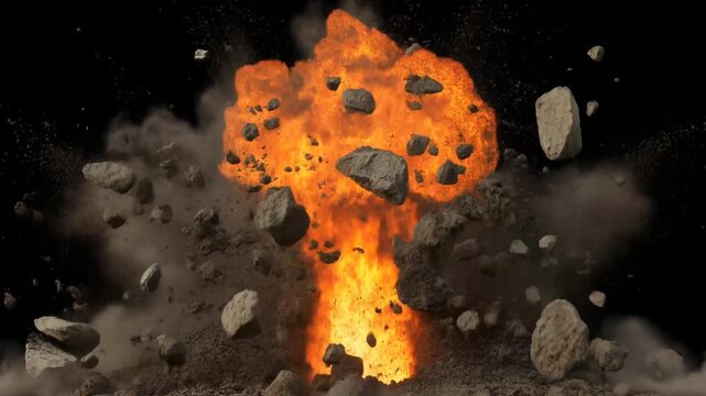 Massive Ground Explosion with Debris and Fire on Black Background.
