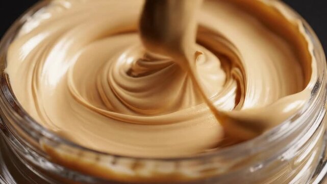Close-up Macro Shot Of Creamy Foundation Swirling In Glass Jar With Elegant Texture And Smooth Consistency Studio Lighting