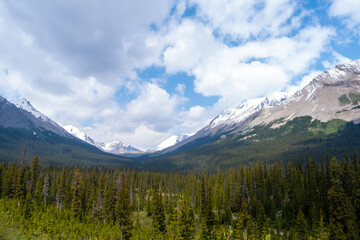 Obraz premium Mountains and trees in Banff Canada with snow on the peaks and clouds in the sky during daytime