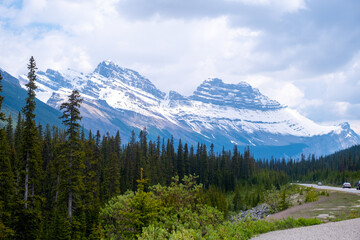 Fototapeta premium Mountains and trees in Banff Canada with snow on the peaks and clouds in the sky during daytime