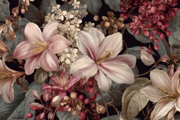 Beautiful botanical vintage wallpaper featuring intricate floral designs with soft pastel colors and lush foliage