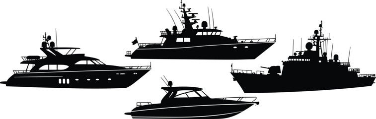 Diverse Vessel Silhouette Vector Set, Luxury Yacht, Patrol Boat, Warship, Speedboat, Maritime Transport, Ocean Travel and Military Fleet © parves's world