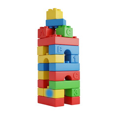 Obraz premium Colorful tower constructed from plastic building blocks with letters on a plain white background.