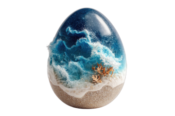 A stylized egg capturing a miniature ocean scene with sandy base and coral detail