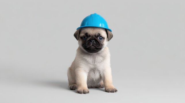 Adorable pug puppy sitting cutely with bright blue construction helmet