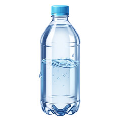 Naklejka premium Transparent plastic water bottle with a blue cap and water droplets on a white background.
