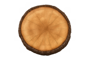 Tree trunk cross section showing annual growth rings, bark, wood texture, and forestry concept on transparent background