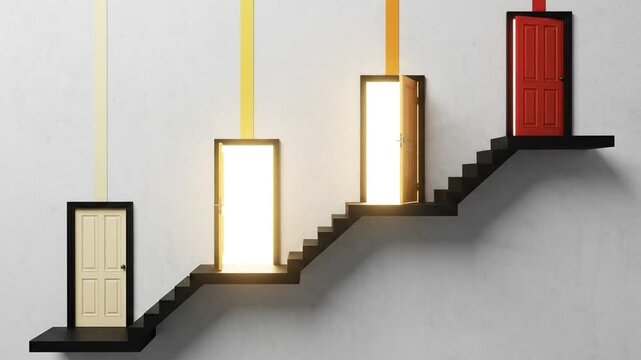 Conceptual image of a staircase with multiple doors, symbolizing choices, opportunities, and the path to success and progression