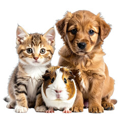 A charming trio of a kitten, a puppy, and a guinea pig against a black background.