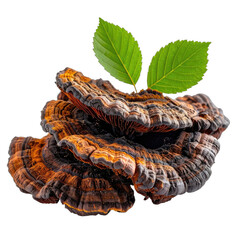 A striking close-up of layered bracket fungi with vibrant green leaves against a stark black background.