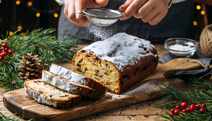 Christmas Stollen Bread Being Dusted with Powdered Sugar.