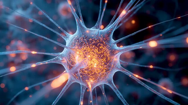 Microscopic neuron cell with branching filaments and glowing core suspended against dark scientific background