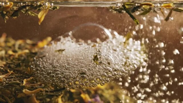 Close-Up of Herbal Tea Leaves Infusing in Hot Water Creating Bubbles and Steam in Soft Natural Light Ideal for Wellness Beverages