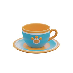 Obraz premium A blue and orange teacup with a paw print design sits on a matching saucer against a white background.