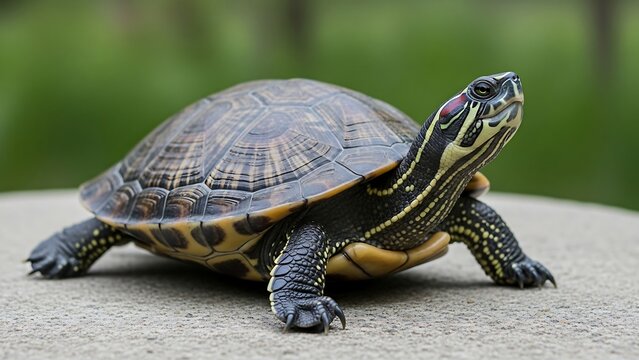Close-up of a Yellow-Bellied Slider Turtle on a Concrete Surface.