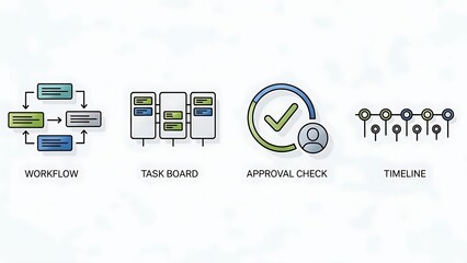 Workflow, Task Board, Approval Check, and Timeline Icons for Business Processes.