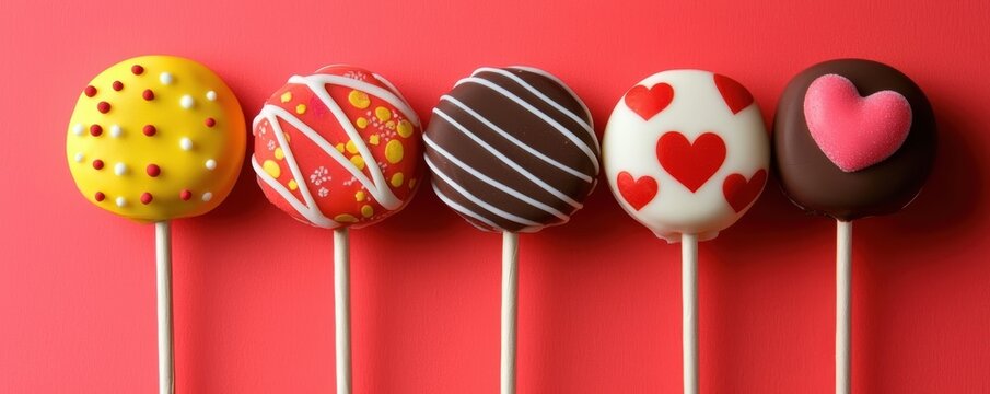 Colorful cake pops on sticks with different designs, showcasing festive patterns and decorations against a vibrant red background.