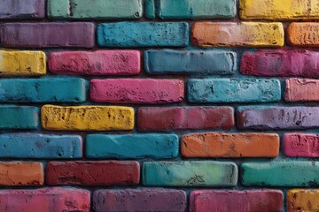 Colorful brick wall showcases vibrant hues and distinct textures in an urban setting during daylight hours, adding charm and character to the environment